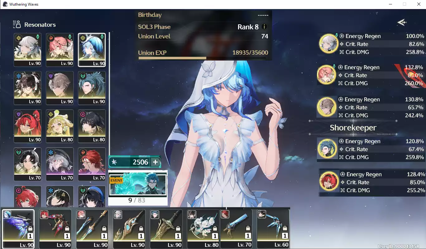 (SEA)(Main Nữ) UL75 (Full Limit) UL76 Camellya Trấn + Jinhsi Trấn + Shorekeeper RC1 Trấn + Yinlin Trấn + Zhezhi Trấn + Changli + Jiyan Trấn + Xiangli Yao + Verina RC3 + (4 Char đã Build 2End)(1.4 gần như chưa đụng ,zin x2)