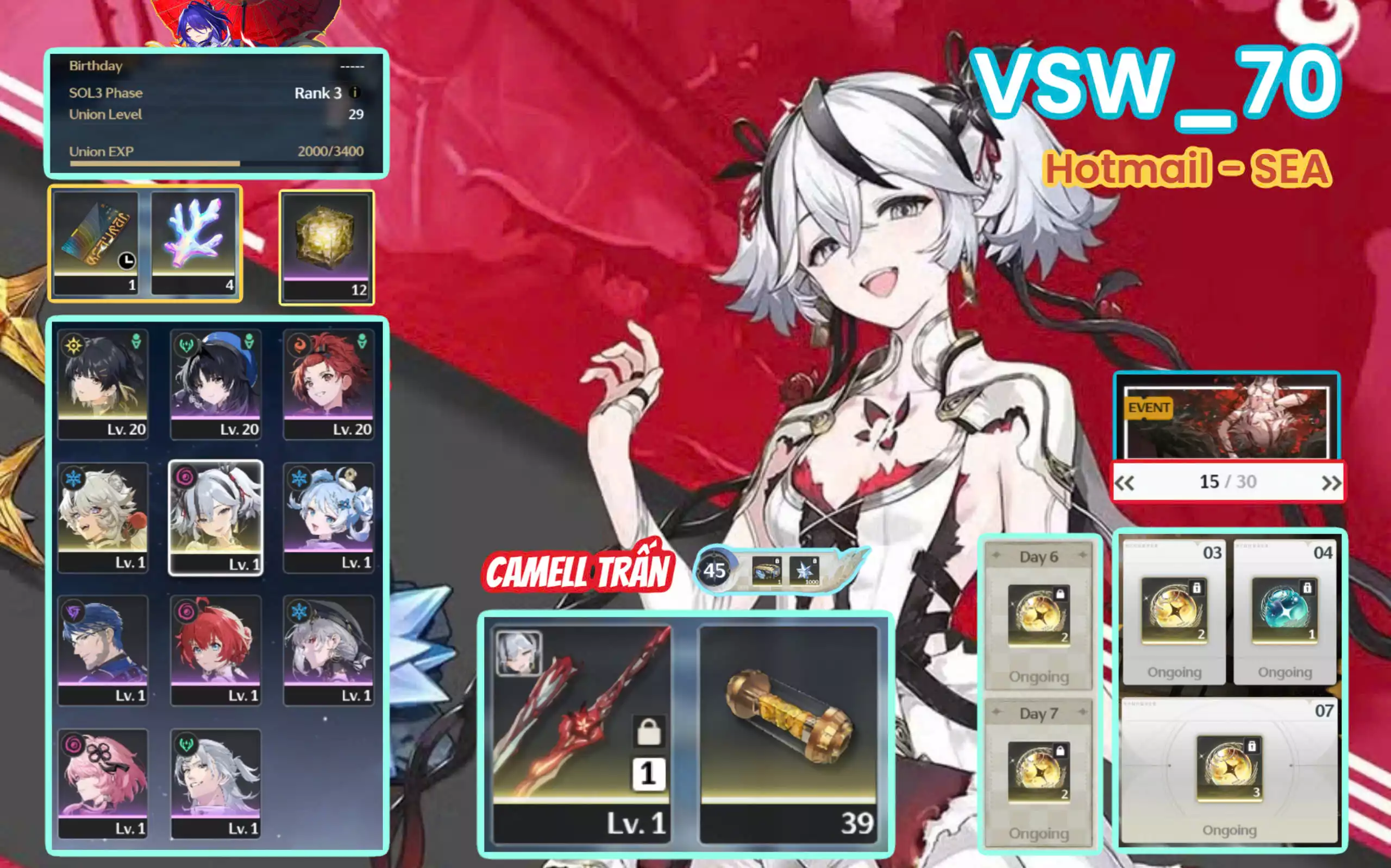 [ VSW_70 SIÊU PHẨM WAIFU ] CAMELLYA TRẤN + LINGYANG + 1 VÉ PICK CHAR THƯỜNG. 15 TRANG BANNER LIMIT. 12 NHỰA. ZIN CỰC NHIỀU QUEST / EVENT!!