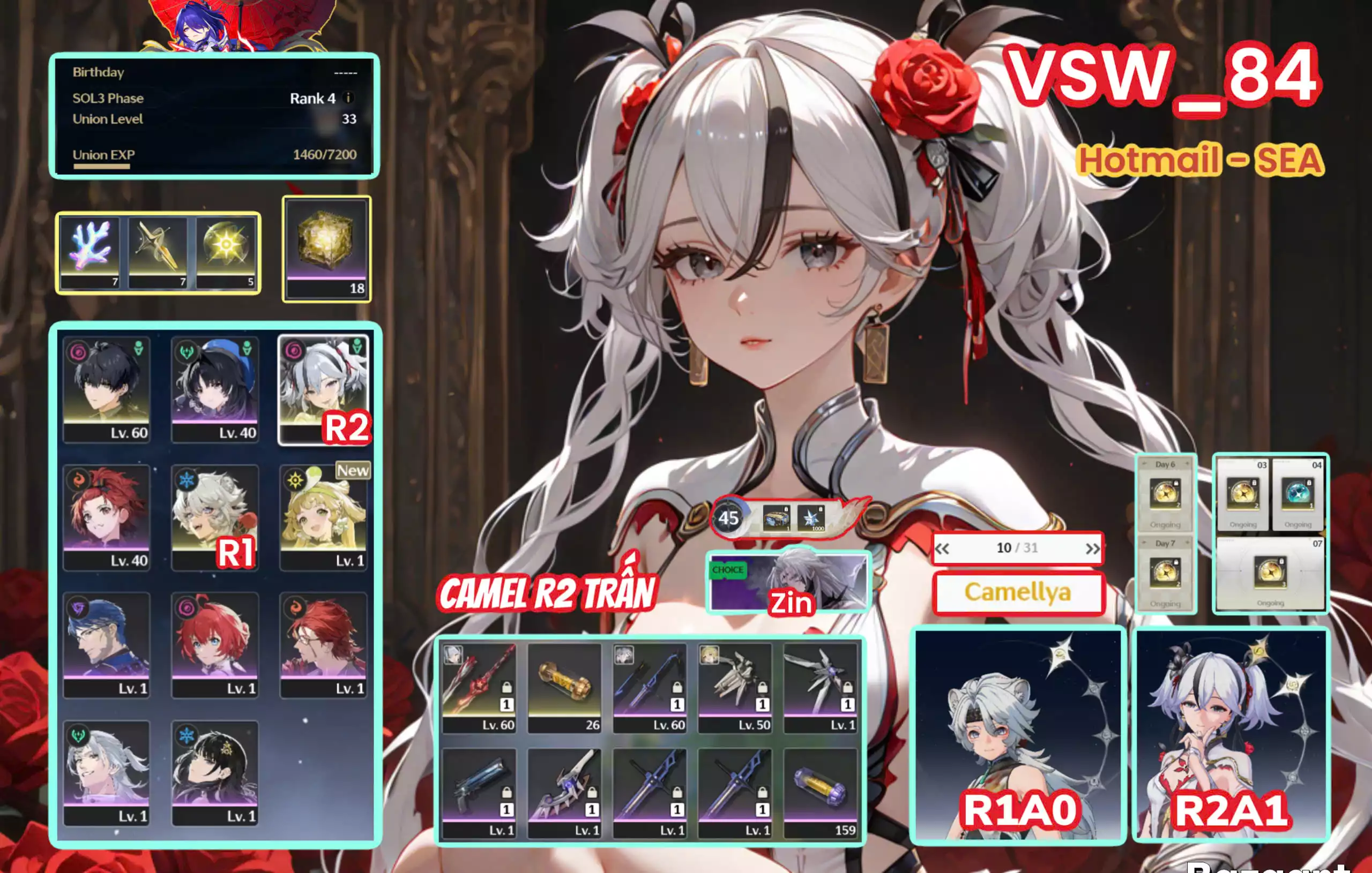 [ VSW_84 SIÊU PHẨM WAIFU - MAIN NAM ] CAMELLYA R2 TRẤN + VERINA + LINGYANG R1. 10 TRANG BANNER LIMIT. 18 NHỰA + 7 ROLL VK. ZIN BANNER TỰ CHỌN 5*. CỰC NHIỀU QUEST / EVENT!!