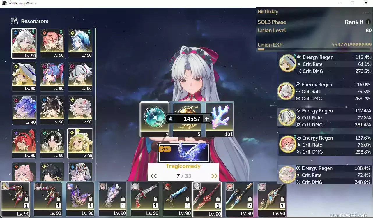 (SEA) UL80 60 Vé limit + Zani Trấn + Cantarella + Shorekeeper + Jinshi Trấn + Skin + Carlotta Trấn + Camellya Trấn + Phoebe Trấn Yinlin + Roccia Trấn + Xiangli Yao Trấn +  Zhezhi Trấn Yinlin + Yinlin + Verina + Encore(thuyền chưa đánh)