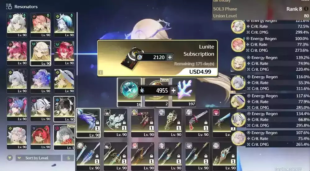 (SEA)(Chưa SN) UL80 Full Nữ Limit + Full Skin + 8 trấn + Zani RC1 + Yinlin RC1 + Verina RC4 + 55 roll + 2k Lunite (map còn 70% chưa loot, gần Zin X2, Thẻ tháng 175 ngày)