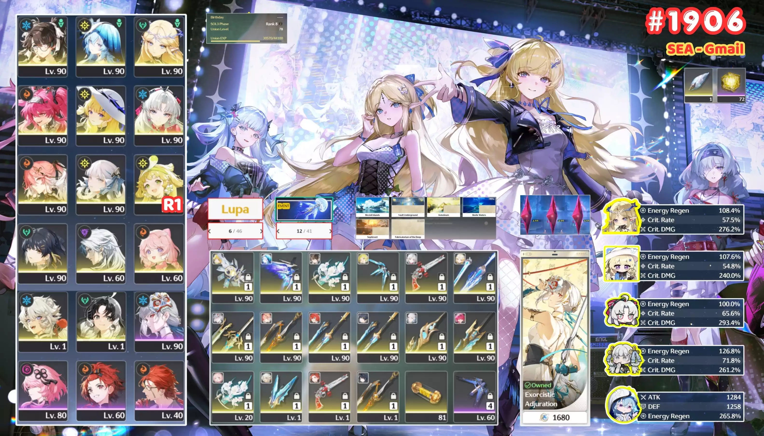 [ #1906 SIÊU PHẨM TOP TIER WAIFU / CHƯA SN! ] CARTETHYIA TRẤN + PHOEBE TRẤN + LUPA + SHOREKEEPER TRẤN + CARLOTTA TRẤN + JINHSI TRẤN + ZHE ZHY TRẤN + CHANGLI TRẤN + FULL CHAR 5* THƯỜNG. 6 TRANG BANNER LIMIT + 12 TRANG BANNER TRẤN. BUILD ĐẸP. CÒN NHIỀU QUEST / EVENT!!