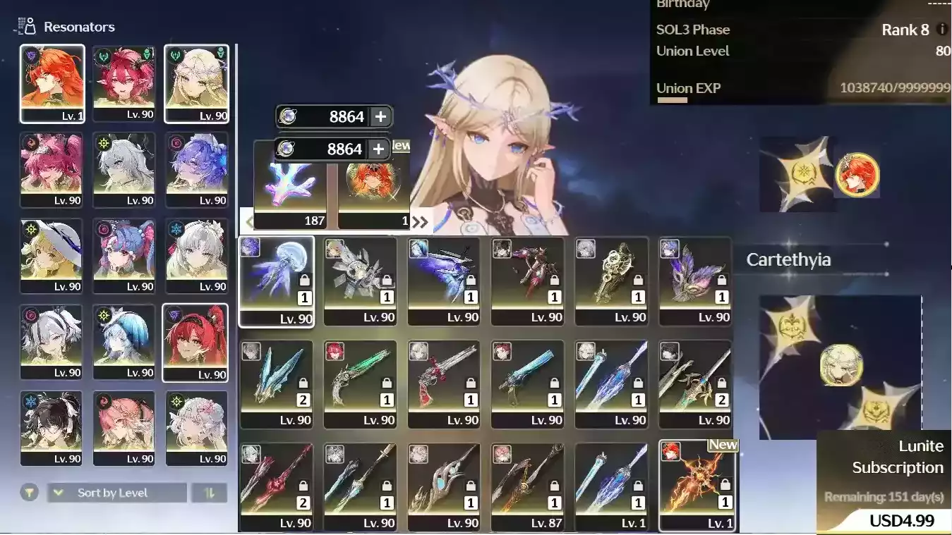 (SEA) UL80 Full Skin + Augusta RC1 Trấn + BNNV9 trang + 8k8 Lunite + Cartethyia RC2 Trấn R2 + Ciaccona Trấn + Shorekeeper Trấn + Lupa + Zani Trấn + Phoebe Trấn + Cantarella Trấn + Camellya Trấn + Roccia Trấn + Carlotta Trấn + Jinhsi Trấn + Zhezhi + Yinlin Trấn + Changli trấn + Verina RC3(Zin sự kiện)