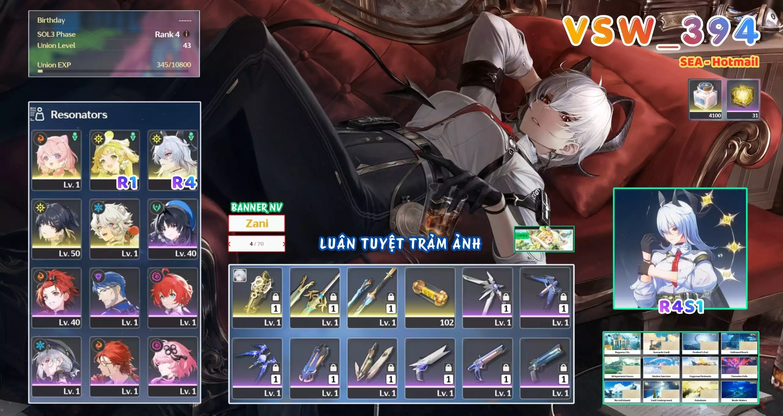 [ VSW_394 SIÊU PHẨM LUÂN TUYỆT TRẢM ẢNH ] ZANI R4 TRẤN + VERINA R1 + ENCORE + LINGYANG + MAIN TRẤN. 4 TRANG BANNER LIMIT. 31 NHỰA. ZIN BANNER 5* TỰ CHỌN. CÒN NHIỀU QUEST / EVENT!!