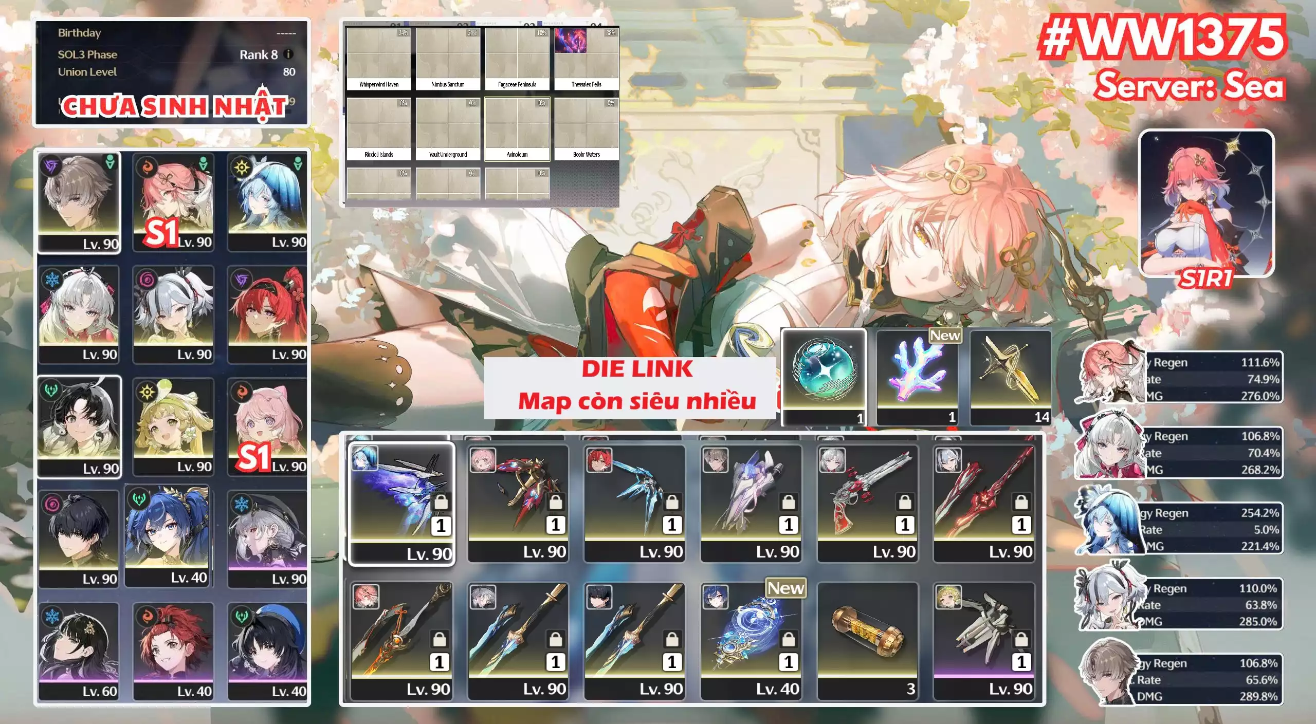 [ ACC VIP HẠT DẺ NHIỀU CHAR TRẤN CÒN TÀI NGUYÊN ]  WW1375 Changli R1a1 + Yinlin Trấn + Yao Trấn + Carllota Trấn + Camellya Trấn + Iuno Trấn + Shoe Trấn Die link