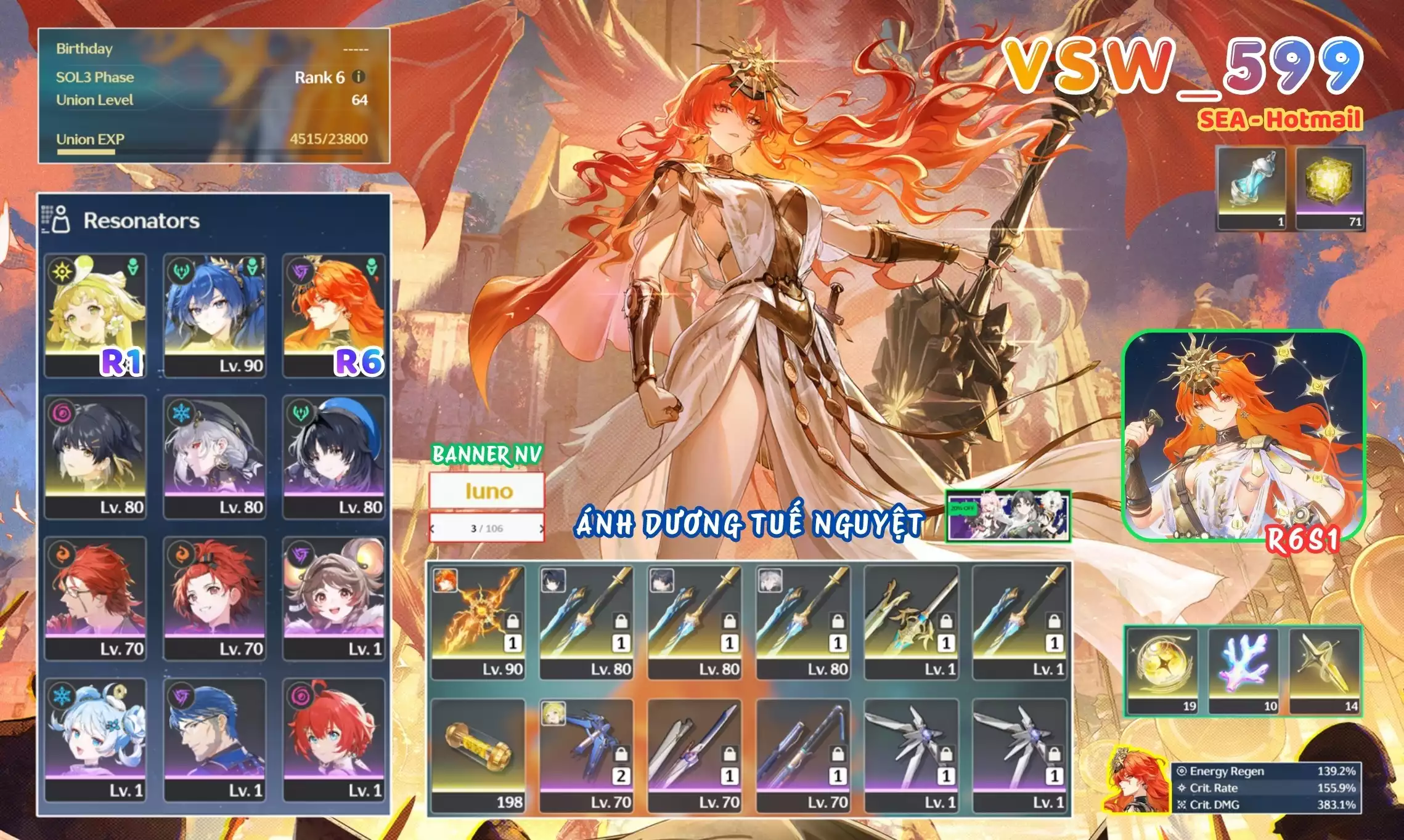 [ VSW_599 SIÊU PHẨM ÁNH DƯƠNG TUẾ NGUYỆT / CHƯA SN! ] AUGUSTA R6 TRẤN + IUNO + VERINA R1 + MAIN TRẤN. 71 NHỰA. 3 TRANG BANNER LIMIT. ZIN BANNER 5* TÂN THỦ. CÒN NHIỀU QUEST / EVENT!!