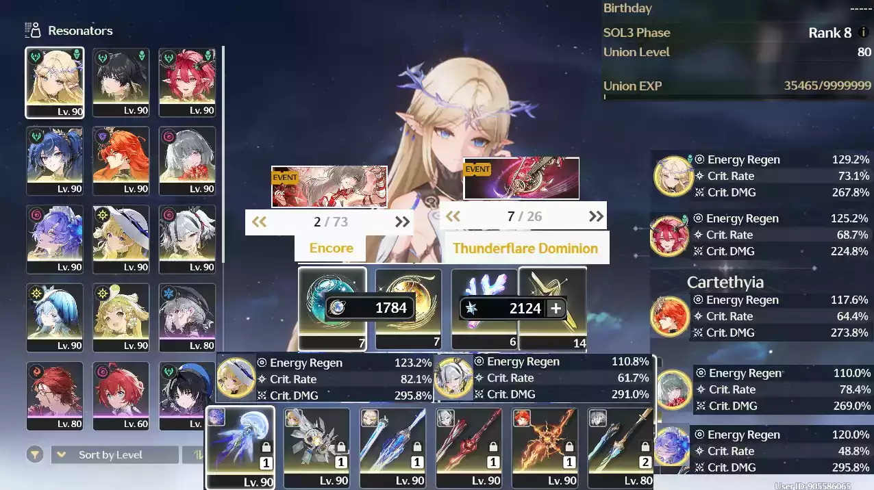 (SEA) UL80 (Có bảo hiểm nhân vật)Cartethyia RC1 Trấn + Ciaccona + Augusta Trấn + Iuno + Phrolova + 7 trang BNVK + 35 vé limit + 1k7 Lunite + Cantarella + Shorekeeper + Camellya + Phoebe + Verina RC1(Zin sự kiện)