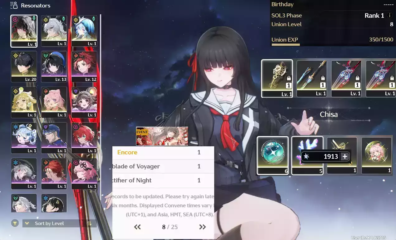 (SEA) UL8 Zani Trấn + Chisa Trấn + Shorekeeper + Bảo hiểm nhân vật 8 trang + 13 vé limi + Verina + Encore(Zin Map, Zin nhiệm vụ)