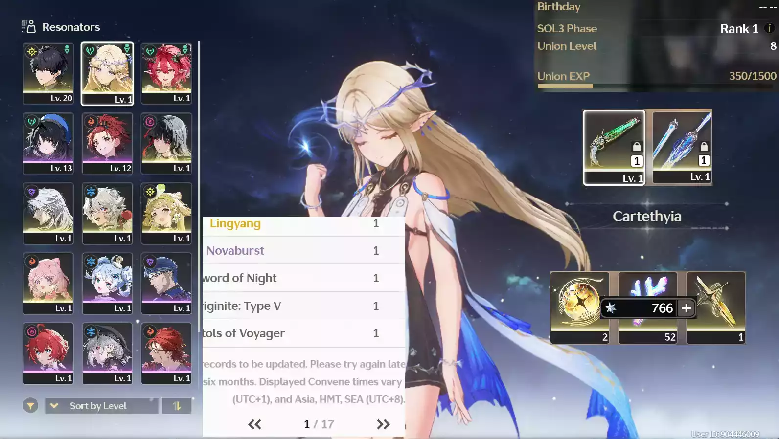 (SEA) UL8 Cartethyia Trấn + Ciaccona Trấn + Chisa + Bảo hiểm nhân vật + Verina + Encore (Zin Map Zin nhiệm vụ)