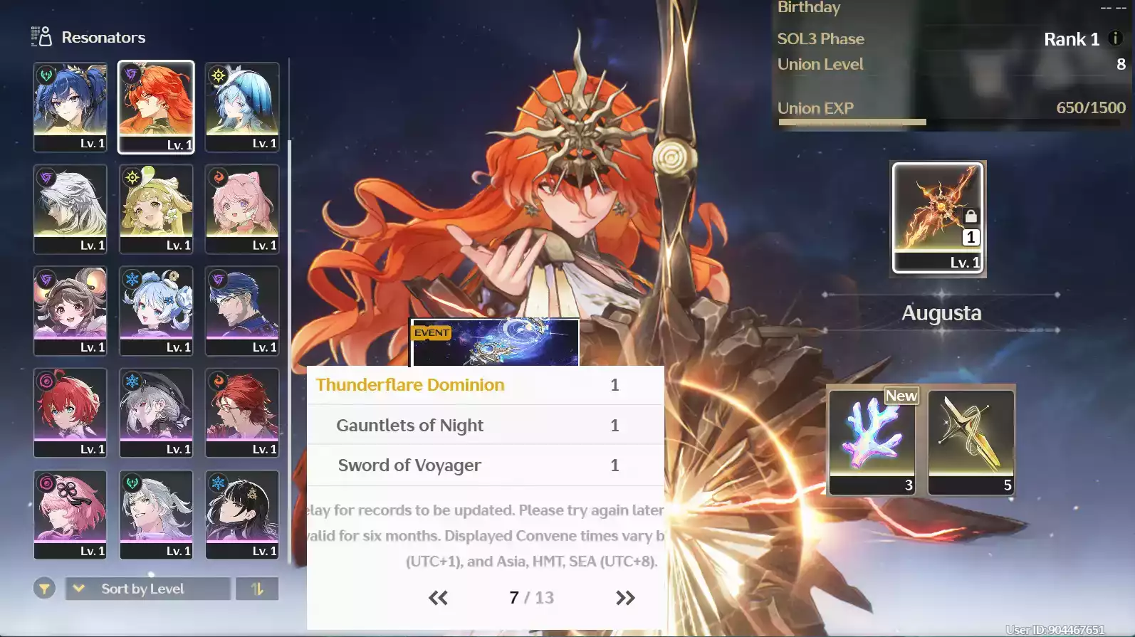 (SEA) UL8 Augusta Trấn + Iuno + Shorekeeper+ Verina RC1(Zin Map, Zin Nhiệm Vụ)