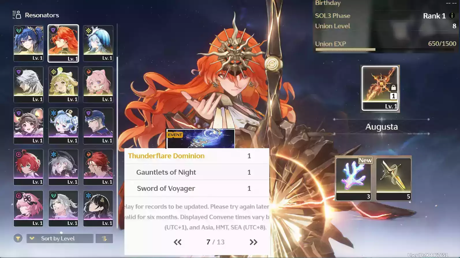 (SEA) UL8 Augusta Trấn + Iuno + Shorekeeper + Verina RC1(Zin Map, Zin Nhiệm Vụ)