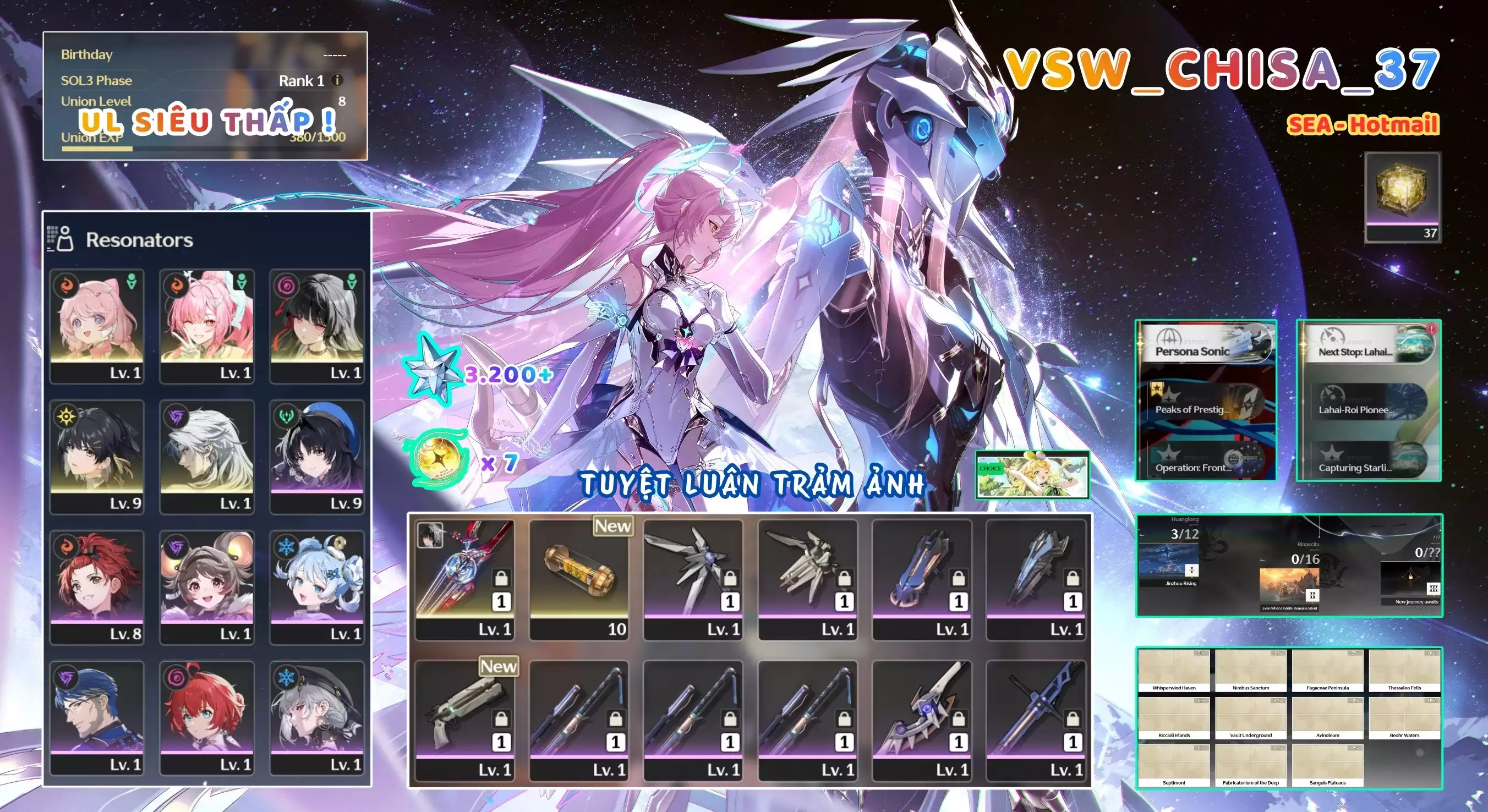 [ VSW_CHISA_37 SIÊU PHẨM TUYỆT LUÂN TRẢM ẢNH / UL 8 SIÊU THẤP! ] AEMEATH + CHISA TRẤN + 1~3 CHAR 5* THƯỜNG -{ 3.200 ASTRITE + 7 VÉ LIMT }- ZIN BANNER 5* TỰ CHỌN. 3x ~ 4x NHỰA. ZIN NHIỀU QUEST / EVENT!!