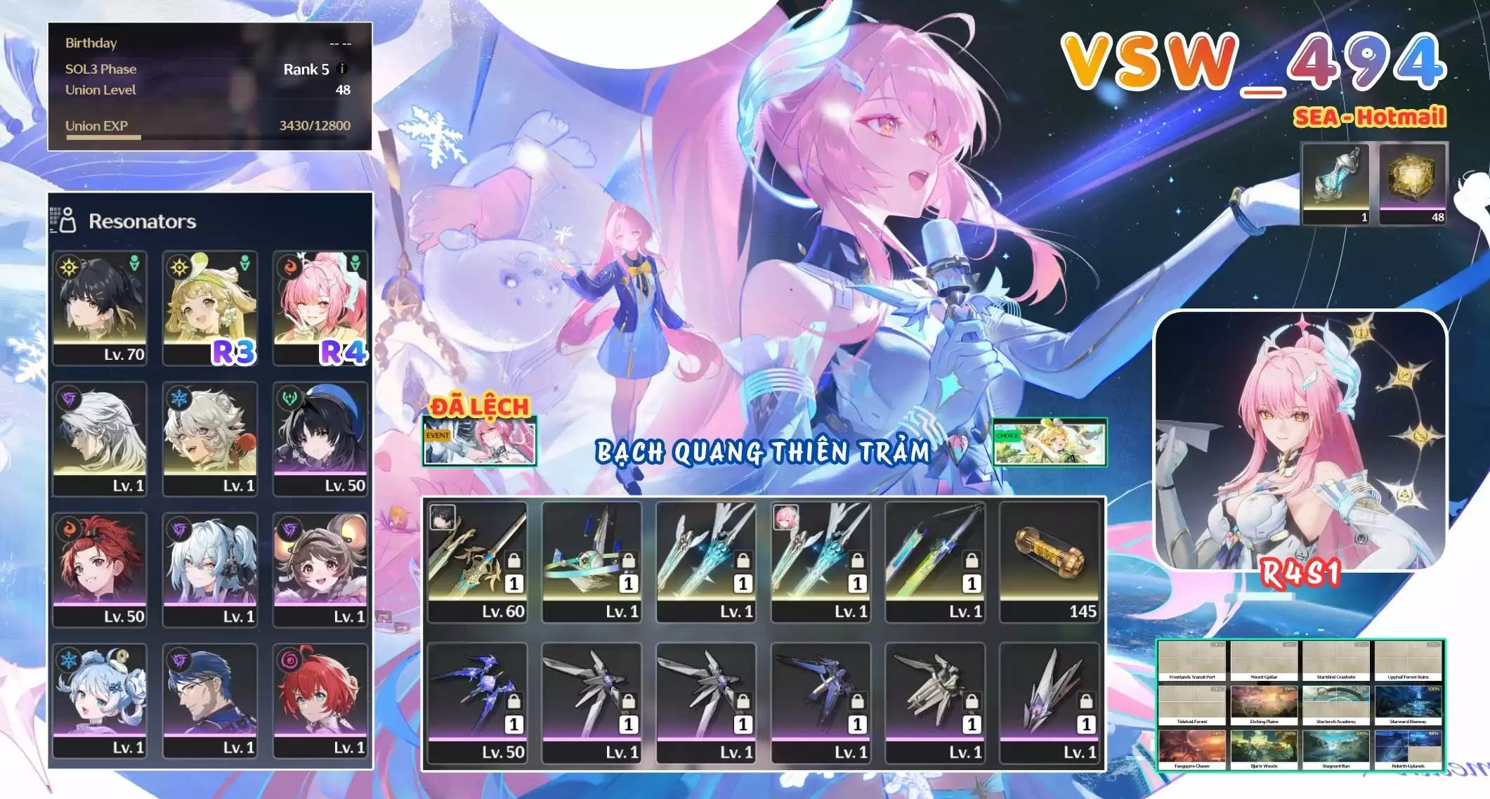 [ VSW_494 SIÊU PHẨM BẠCH QUANG THIÊN TRẢM / CHƯA SN! ] AEMEATH R4 TRẤN(x2) + VERINA R3 + CALCHARO + LINGYANG + MAIN TRẤN. 48 NHỰA. ZIN BANNER 5* TỰ CHỌN. CÒN NHIỀU QUEST / EVENT!