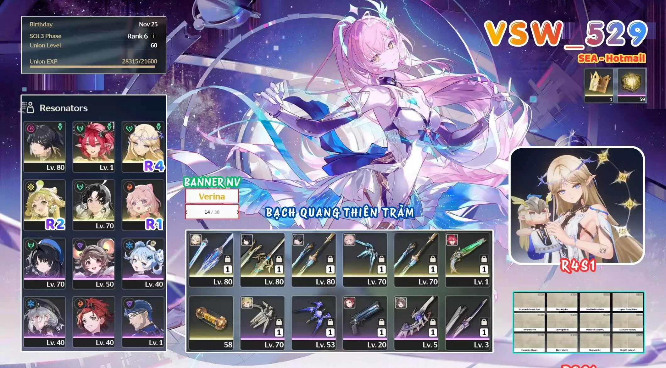 [ VSW_529 SIÊU PHẨM NGUYỆT VỌNG THÁNH QUANG! ] CARTETHYIA R4 TRẤN + CIACCONA TRẤN + ENCORE R1 + VERINA R2 + JIANXIN + MAIN TRẤN. 59 NHỰA. 14 TRANG BANNER LIMIT CÓ BẢO HIỂM. CÒN NHIỀU QUEST / EVENT!