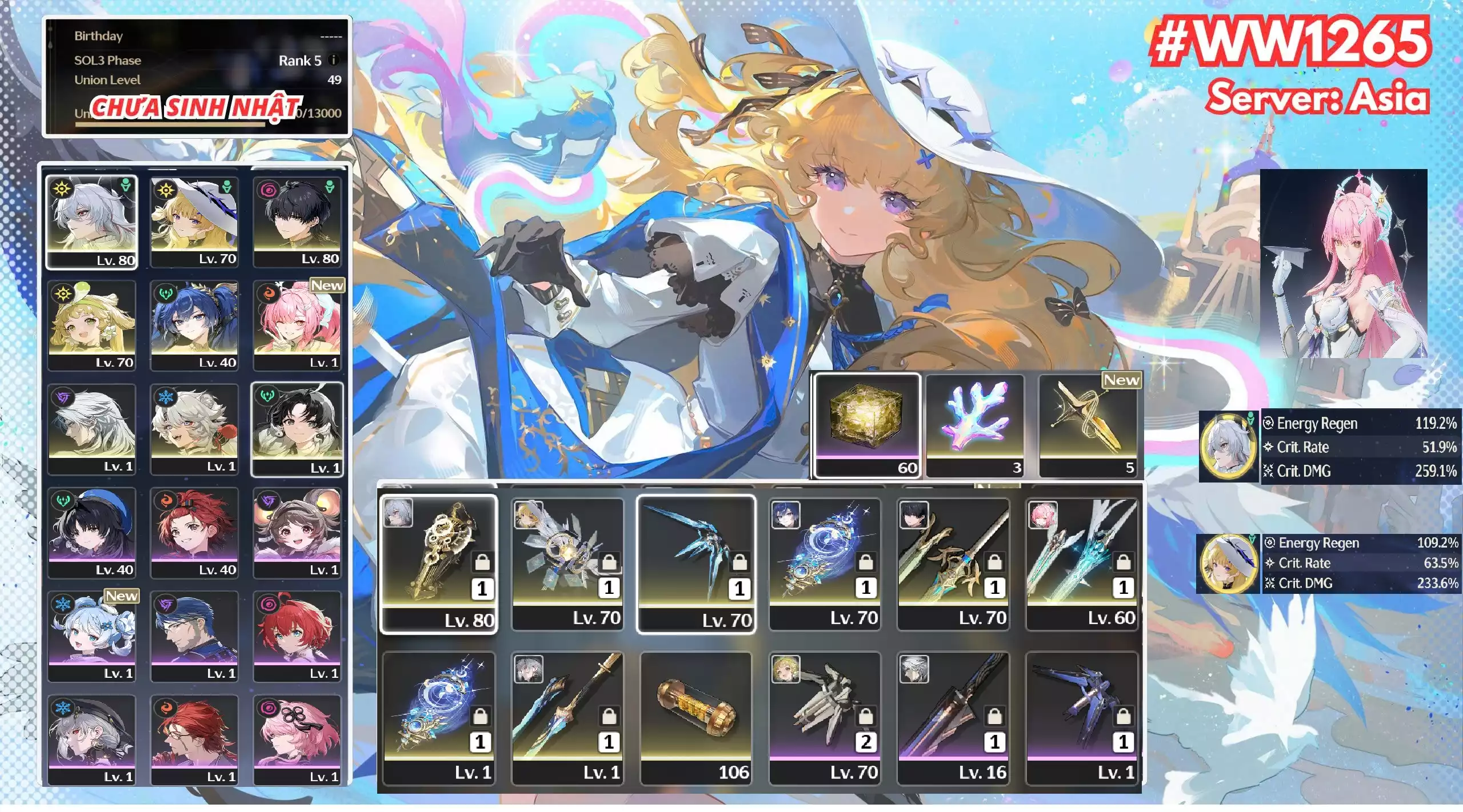 [ ACC VIP ] WW 1265 Phoebe Trấn + zani Trấn + Iuno R0A2 + Aemeath  R0S1