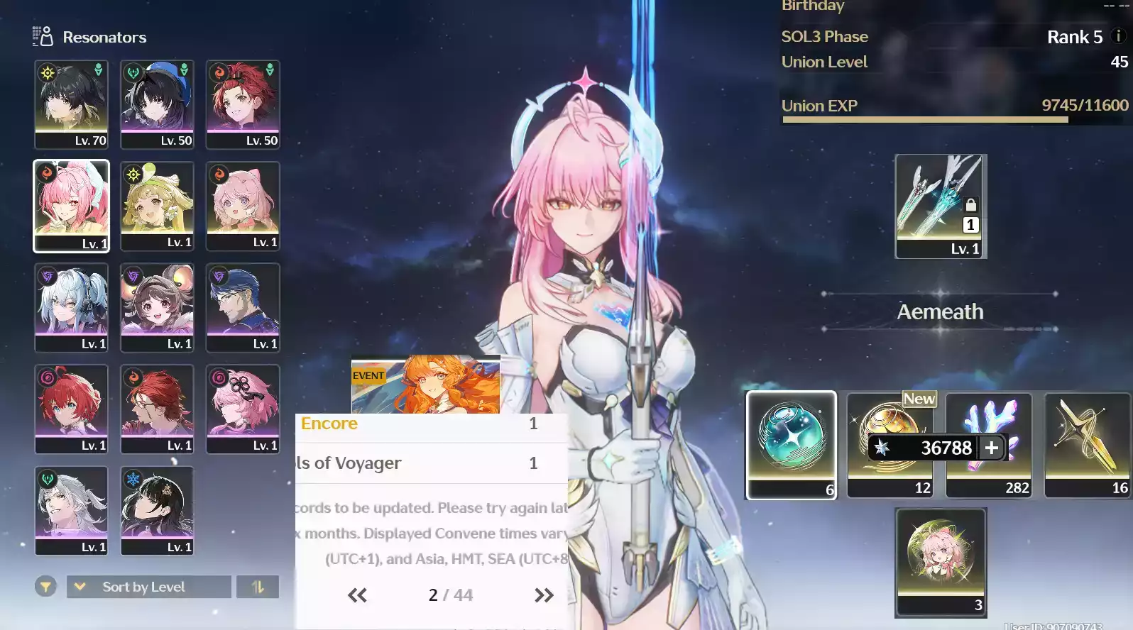 (SEA) UL50 Aemeath Trấn + 260 vé limit + 282 san hô + Verina + Encore RC3