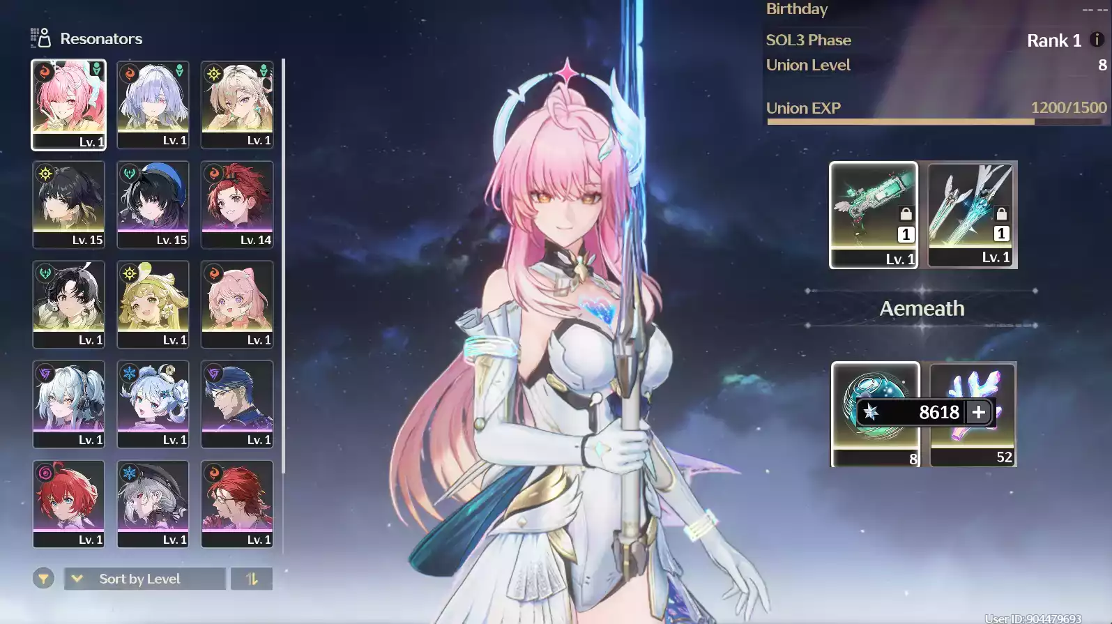 (SEA) UL8 Aemeath Trấn  + Lynae Trấn + Mornye + 54 vé limit + 52 san hô + Verina (Zin map zin nhiệm vụ)