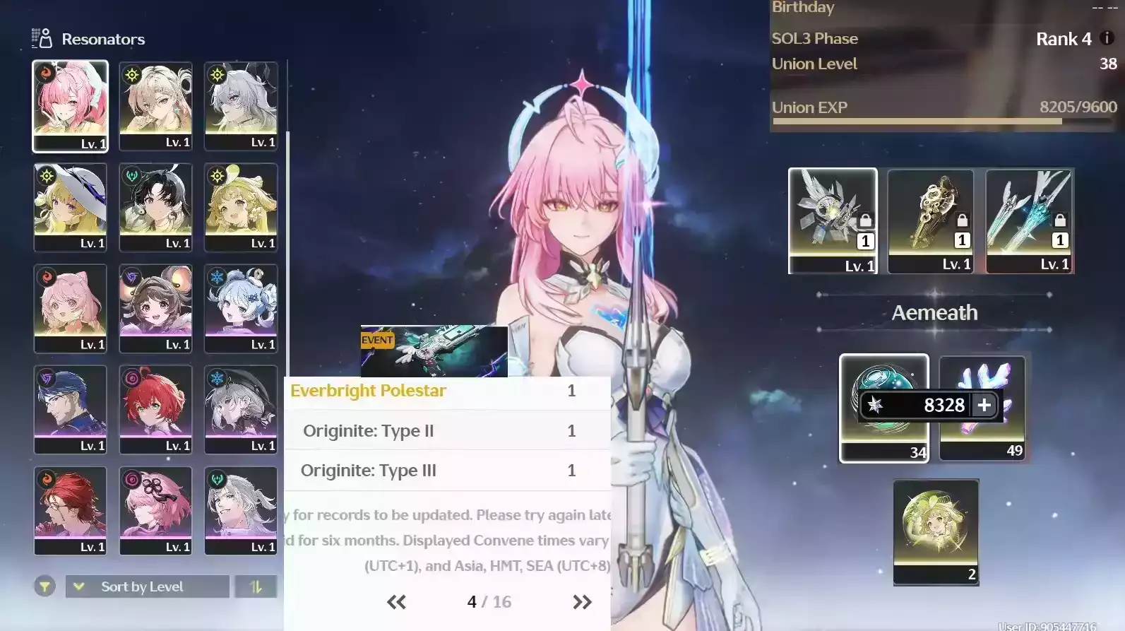 (SEA) UL38 Aemeath Trấn + Lynae + Banner vũ khí 4 trang + 55 vé limit + Zani Trấn + Phoebe Trấn + Verina + Encore